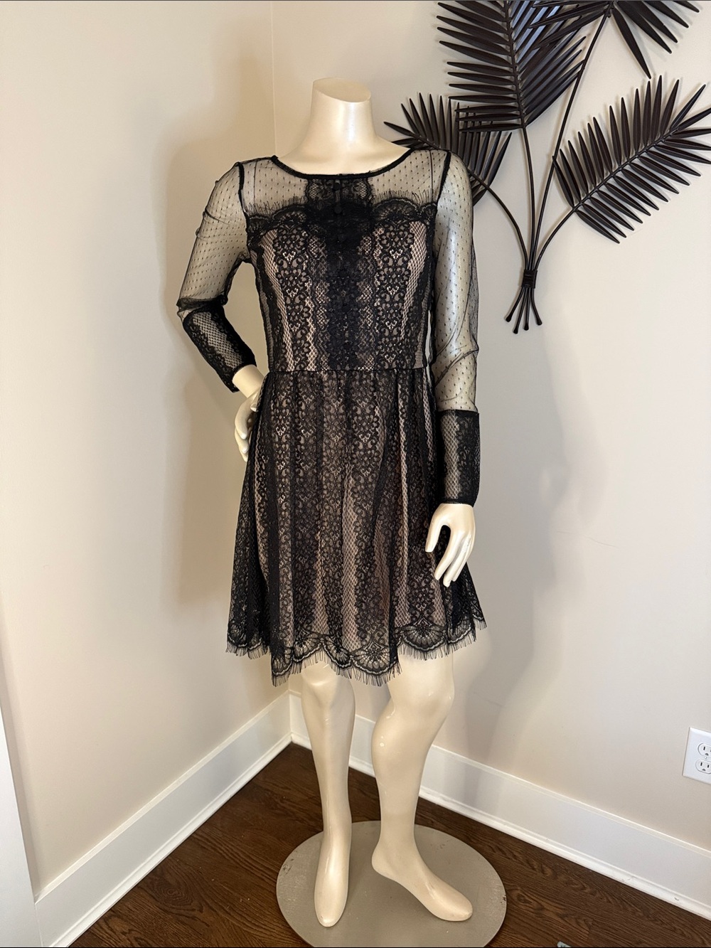 Soieblu Black Lace Long Sleeve Fit-and-Flare Dress